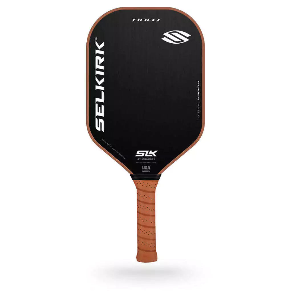 SPORT: PICKLEBALL. Shop Pickleball Paddles and Rackets at "iam-Pickleball.com" a division of "iamracketsports.com". Racket model is a 2023 Selkirk SLK HALO POWER XL Pickleball Paddle/racket for beginner to advanced/professional players. Racquet/Paleta is in side vertical orientation. Front of Paddle.