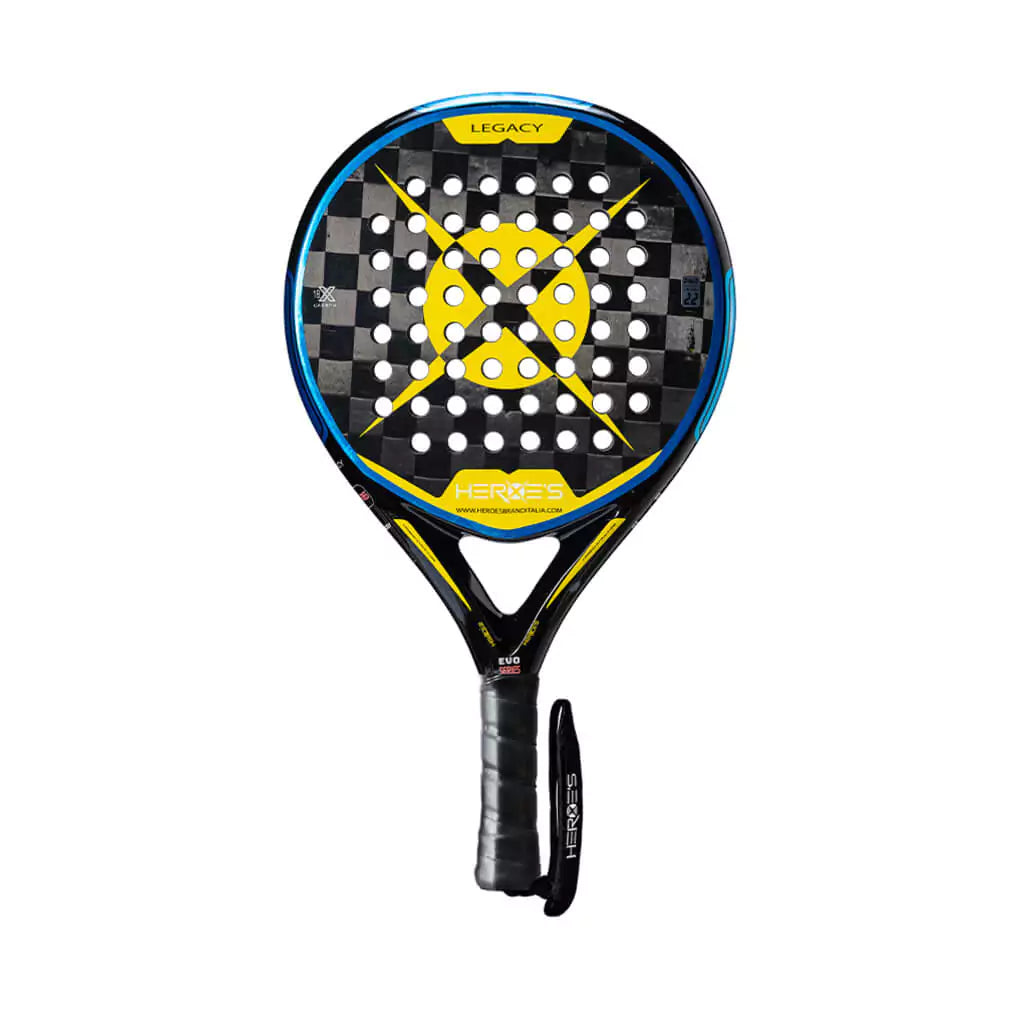 SPORT: PADEL. Shop Heroe's Brand Italia, Padel equipment at USA premier Racket and Paddle Sports store, "iamracketsports". Racket model is a Heroes LEGACY XT Professional PADEL racket/paddle for intermediate/advanced and professional players. Racquet/Paleta is in flat orientation. Head View.