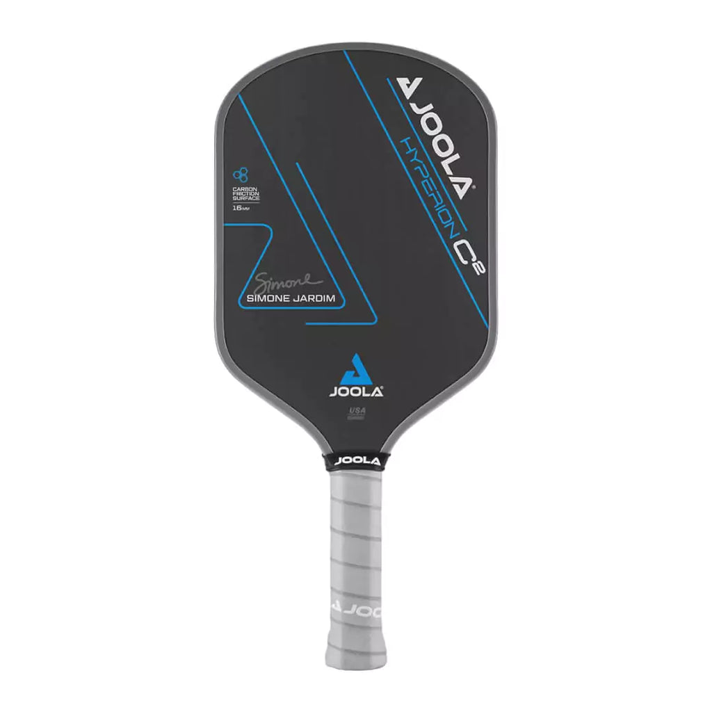  SPORT: PICKLEBALL. iamPickleball.store maimi Racket and Paddle Sports store. Joola Simone Jardim HYPERION C2 CFS 16mm Pickleball Paddle. Racquet/Paleta is in vertical orientation.  Carbon Friction surface, Reactive Polymer Core, Hyperfoam Edge Wall Weight 8oz, Grip Length 5.5", Grip size 4.125" Feel-Tec Pure Grip.