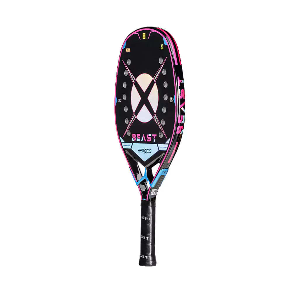 Shop Heroes Beach Tennis at USA premier BT store, "iambeachtennis". Racket model is a 2023 Heroes Beast Beach Tennis racchetta/paddle for professional With Glipper Grit Treatment. Side View