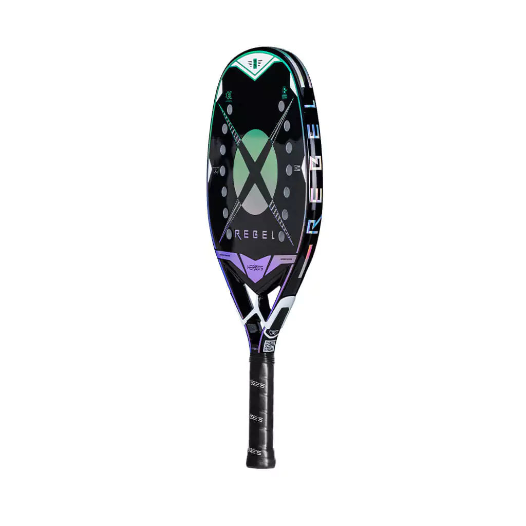 Shop Heroes Beach Tennis at USA premier BT store, "iambeachtennis". Racket model is a 2023 Heroes Rebel Beach Tennis racchetta/paddle for professional With Glipper Treatment. Side view