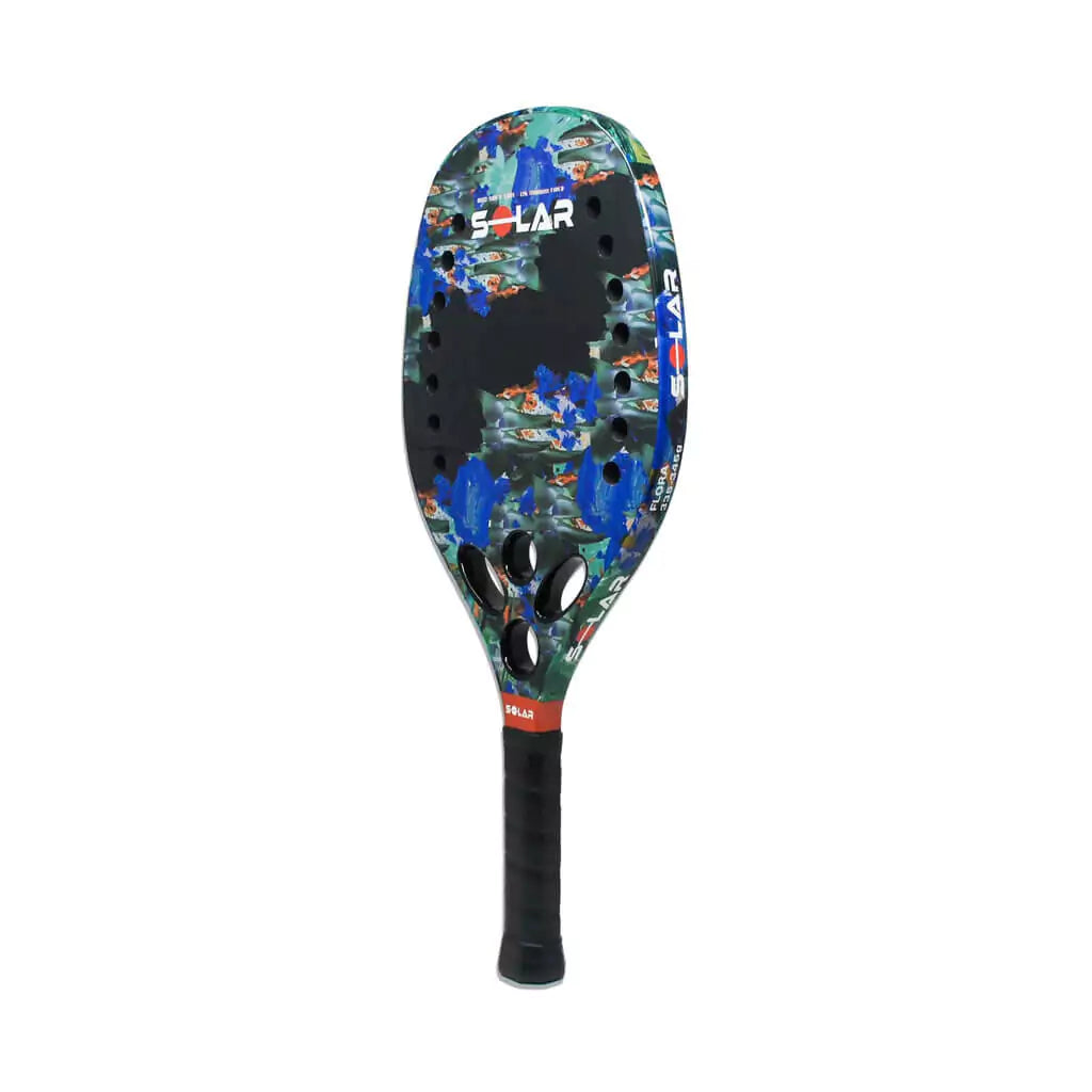 i am beach tennis depot store - Solar Paddles Beach Tennis Brand year 2022 BT paddle. The Racket model is a Solar Paddles FLORA Advanced/Professional Beach Tennis racket - vertical side orientation view of the racket/ raquete.