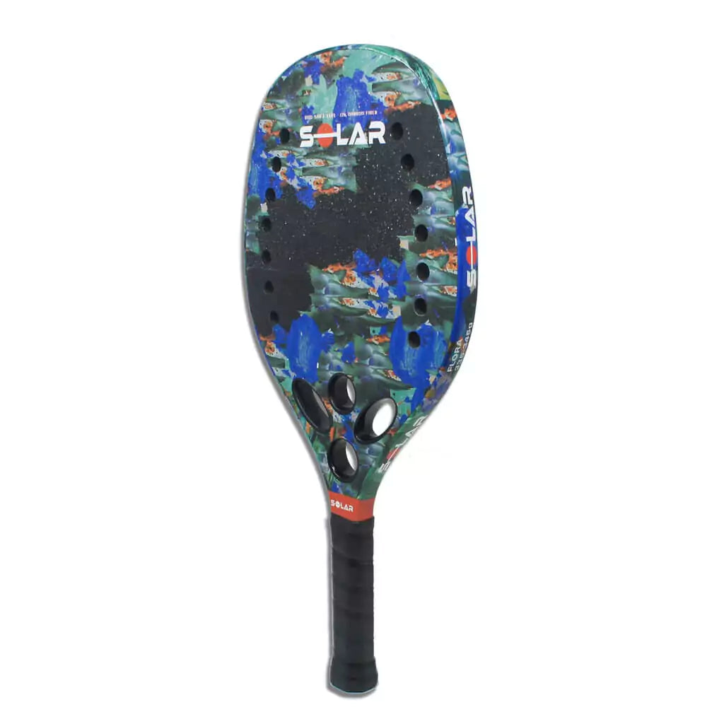 i am beach tennis depot store - Solar Paddles Beach Tennis Brand year 2022 BT paddle. The Racket model is a Solar Paddles FLORA Advanced/Professional Beach Tennis racket with grit treatment - vertical side orientation view of the racket/ raquete.