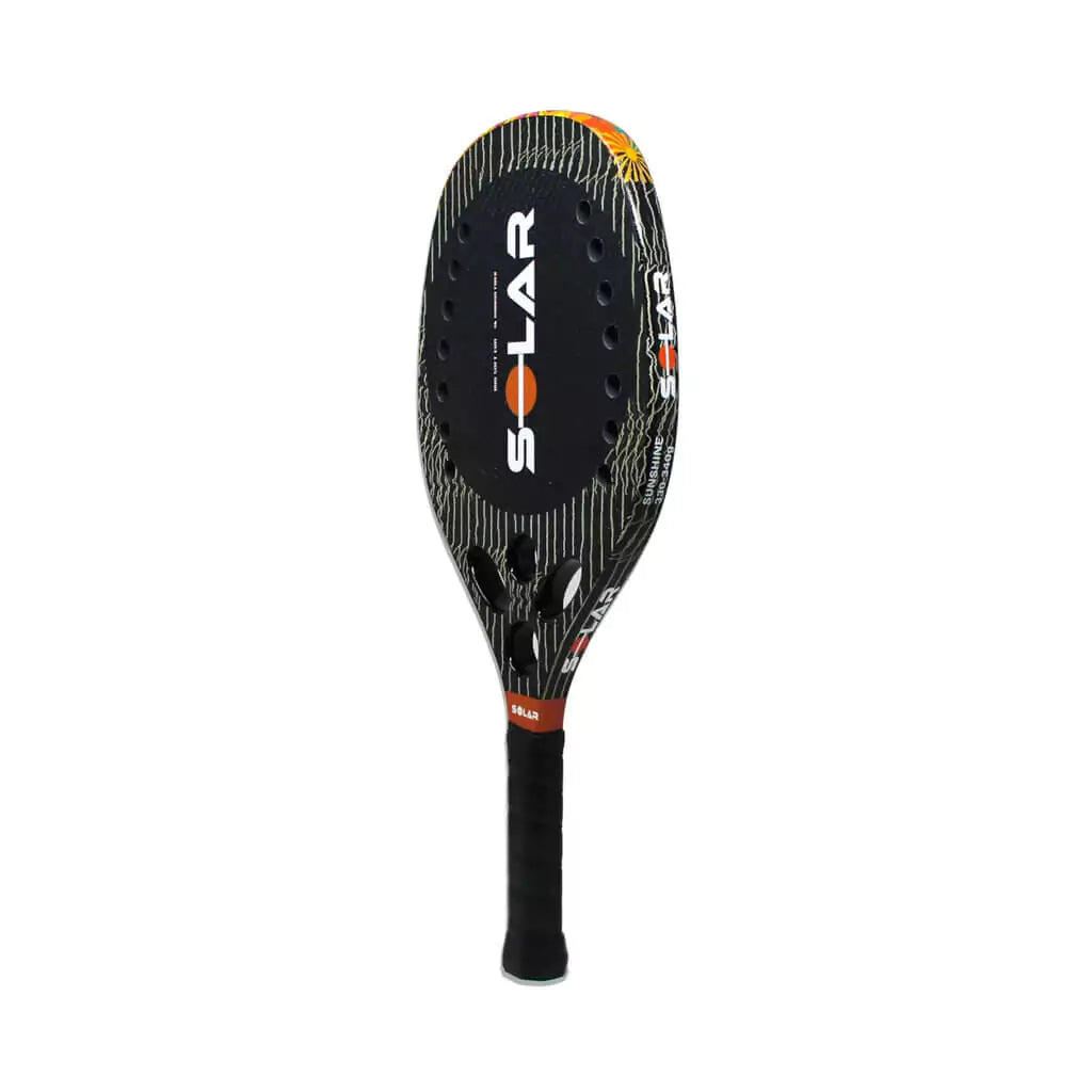 i am beach tennis depot store - Solar Paddles Beach Tennis Brand year 2022 BT paddle. The Racket model is a Solar Paddles SUNSHINE Advanced/Professional Beach Tennis racket with medium grit treatment - vertical side orientation view of the racket/ raquete.