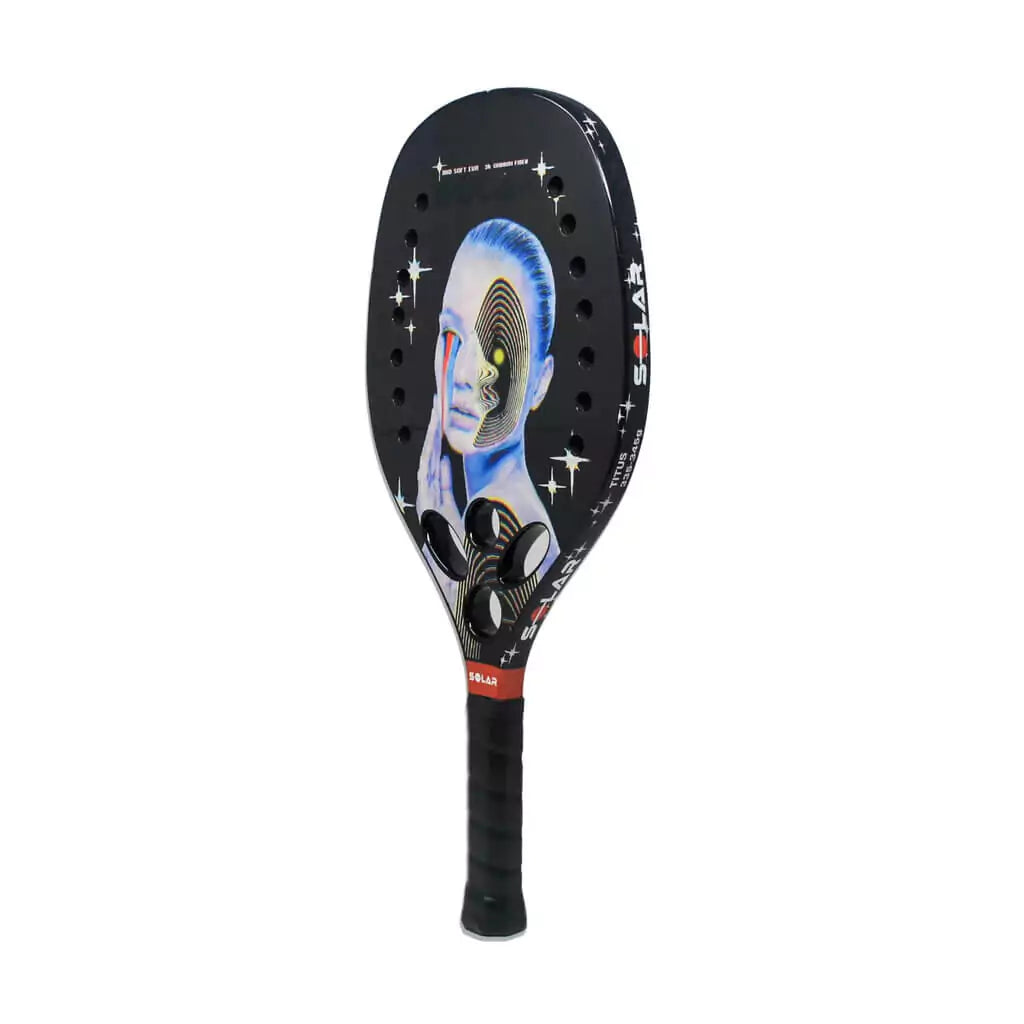 i am beach tennis depot store - Solar Paddles Beach Tennis Brand year 2022 BT paddle. The Racket model is a Solar Paddles TIDUS Advanced/Professional Beach Tennis racket - vertical side orientation view of the racket/ raquete.