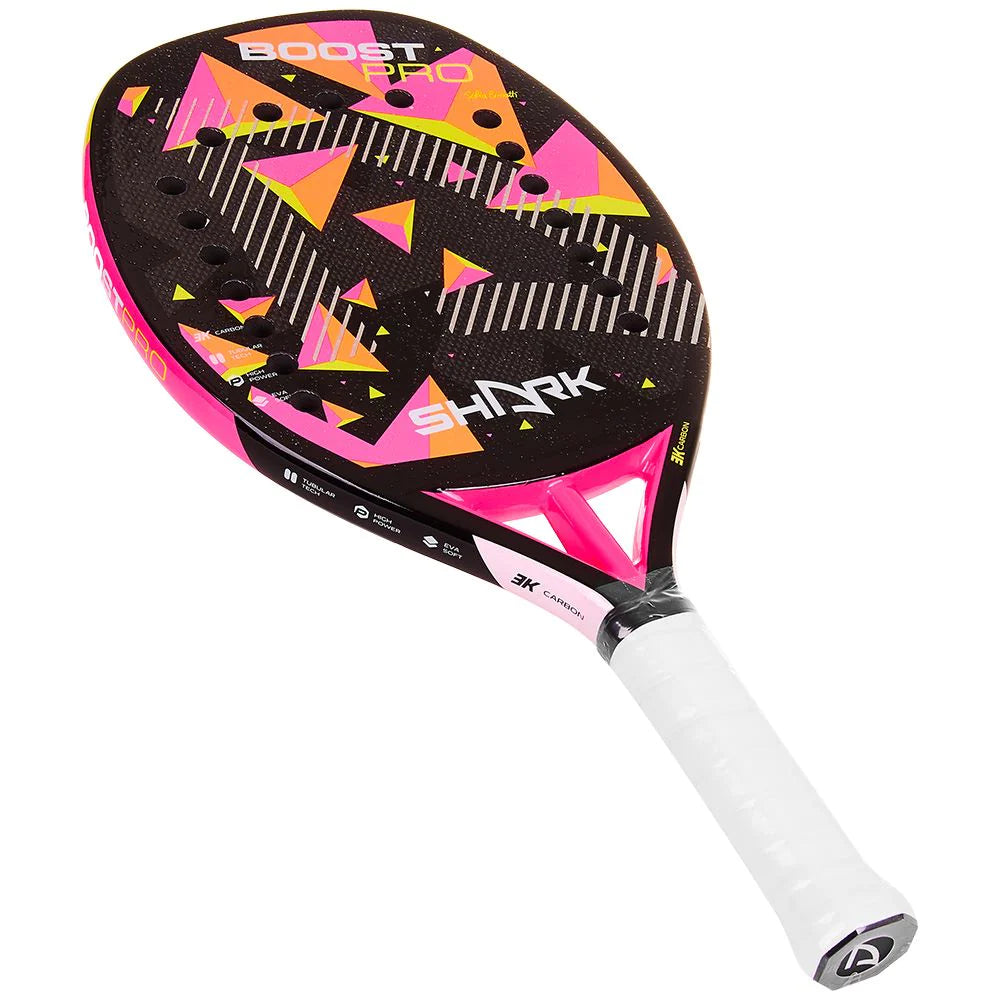 Shark BOOT PRO Professional Beach Tennis paddle as used by Sofia Cimatti.  Racket in flat vertical orientation