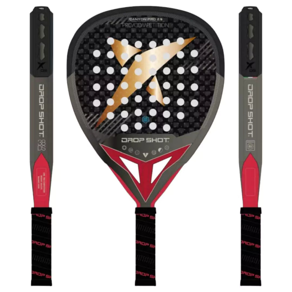 A graphic of a  Drop Shot CANYON PRO 2.0 2024 Padel Racket, displayed both in face on and side on profile. Available at iamBeachTennis.com.