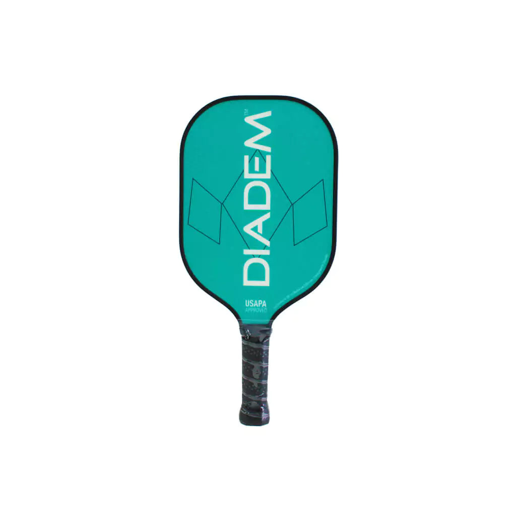 Shop Diadem at "iamPickleball.store" a division of "iamracketsports.com". Vertically standing face on Diadem Sports teal RIPTIDE 2023 Professional Pickleball Paddle. Thickness 14mm, surface fiberglass, center Poly Honeycomb, black edge protector.
