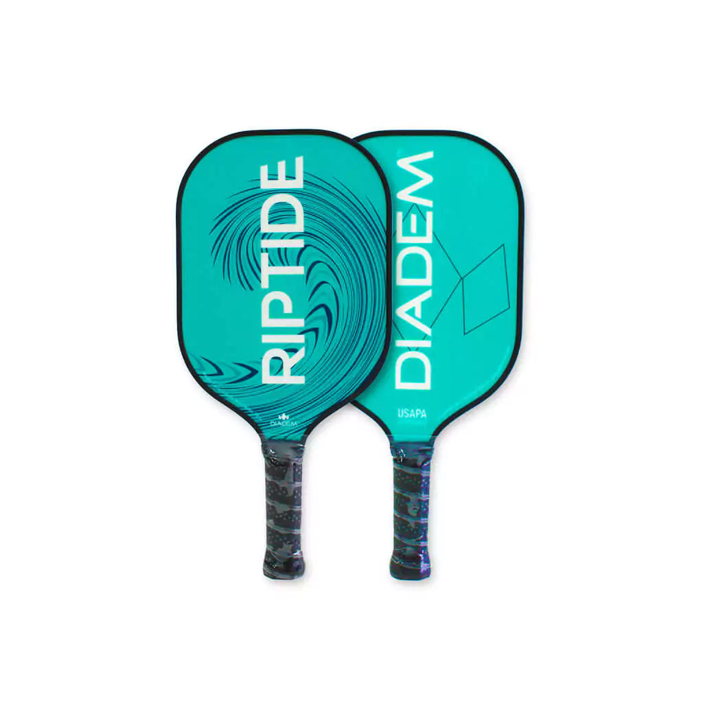SPORT: PICKLEBALL. Shop Shop Diadem at Pickleball at iamRacketSports/iam-pickleball, Miami, Florida, USA. Pair of vertically standing face on Diadem Sports teal RIPTIDE 2023 Professional Pickleball Paddle. Thickness 14mm, surface fiberglass, center Poly Honeycomb, black edge protector.