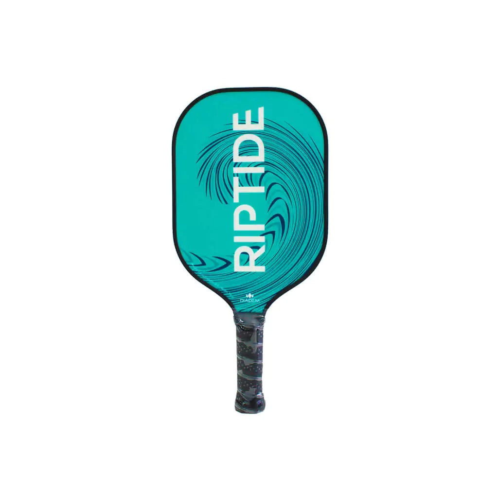 Shop pickleball paddles at iamRacketSports.com Colisium Store.  Vertically standing face on Diadem Sports teal RIPTIDE 2023 Professional Pickleball Paddle.