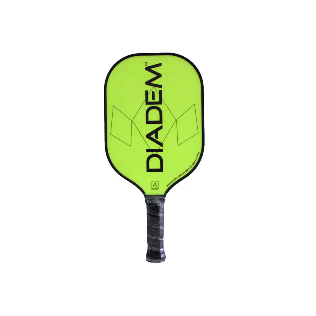 Shop Diadem at "iamPickleball.store" a division of "iamracketsports.com". Vertically standing face on Diadem Sports yellow RIPTIDE 2023 Professional Pickleball Paddle. Thickness 14mm, surface fiberglass, center Poly Honeycomb, edge protector.