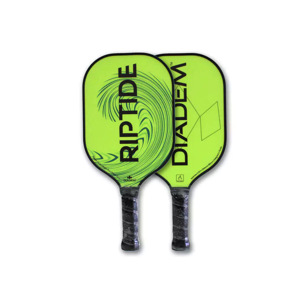 Shop pickleball paddles at iamRacketSports.com. Pair of vertically standing face on Diadem Sports yellow RIPTIDE 2023 Professional Pickleball Paddle. Thickness 14mm, surface fiberglass, center Poly Honeycomb, black edge protector.