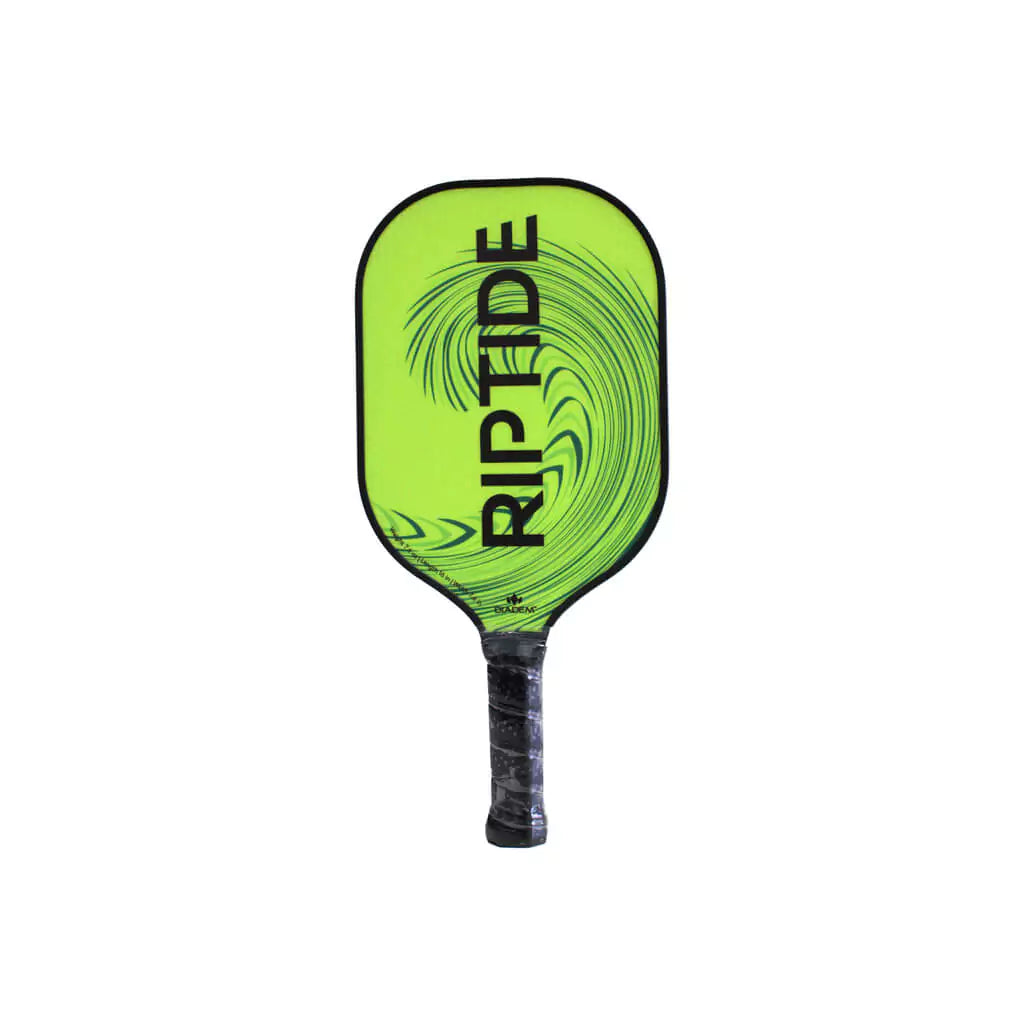 SPORT: PICKLEBALL. Shop Shop Diadem at Pickleball at iamRacketSports/iam-pickleball, Miami, Florida, USA. Vertically standing face on Diadem Sports yellow RIPTIDE 2023 Professional Pickleball Paddle. Thickness 14mm, surface fiberglass, center Poly Honeycomb, edge protector.