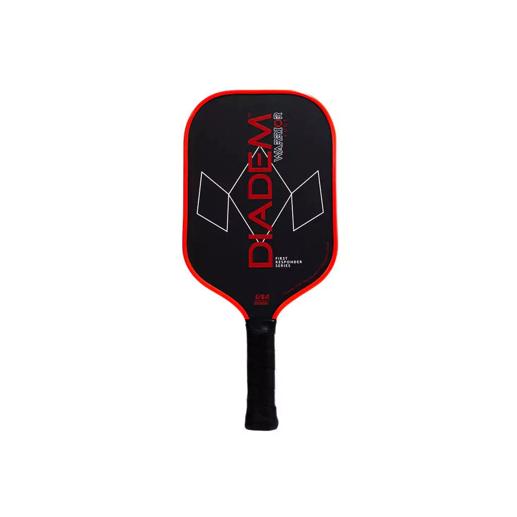Shop Diadem at "iamPickleball.store" a division of "iamracketsports.com". Vertically standing profile of Diadem FIRST RESPONDERS Fire Rescue Pickleball Paddle, Carbon surface,Grit coating,  red edge guard 16mm thick,Poly 8mm PP Honeycomb density core , 8.25 oz weight. 