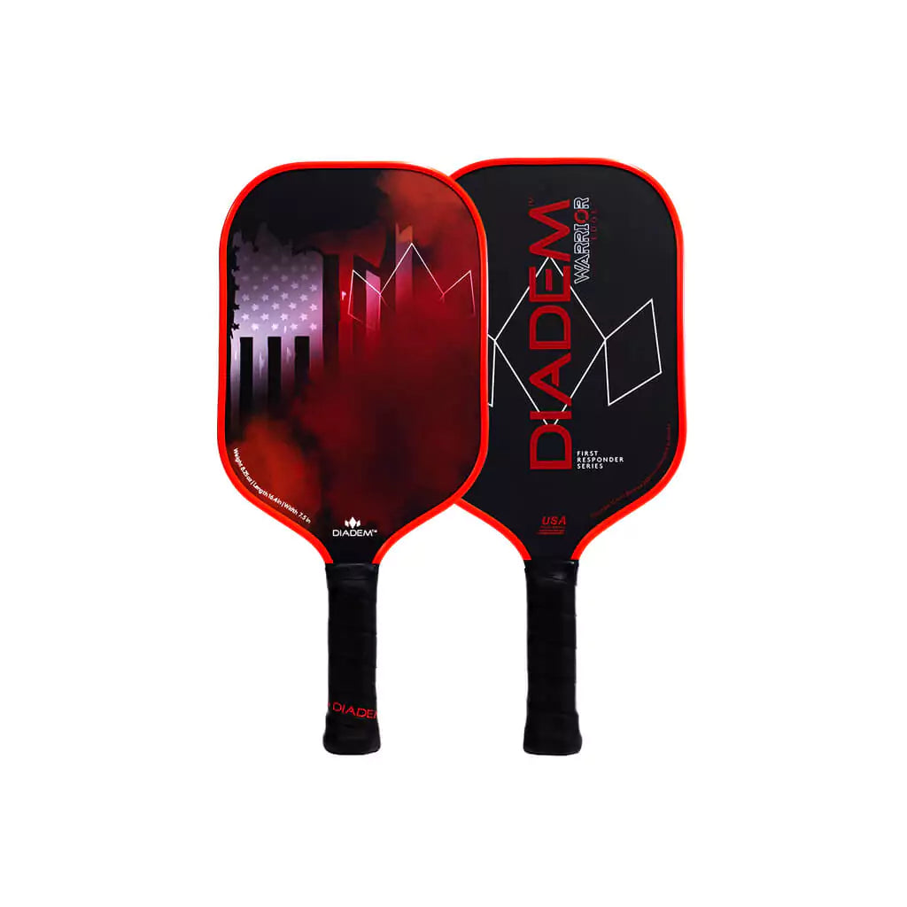 SPORT: PICKLEBALL. Shop pickleball paddles at "iamPickleball.store". Pair of Vertically standing Diadem FIRST RESPONDERS Fire Rescue Pickleball Paddle, Carbon surface,Grit coating,  blue edge guard 16mm thick,Poly 8mm PP Honeycomb density core , 8.25 oz weight.