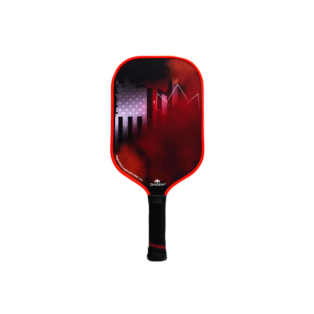 iamPickleball online store "iamPickleball.store". Vertically standing profile of Diadem FIRST RESPONDERS Fire Rescue Pickleball Paddle, Carbon surface,Grit coating,  red edge guard 16mm thick,Poly 8mm PP Honeycomb density core , 8.25 oz weight. 