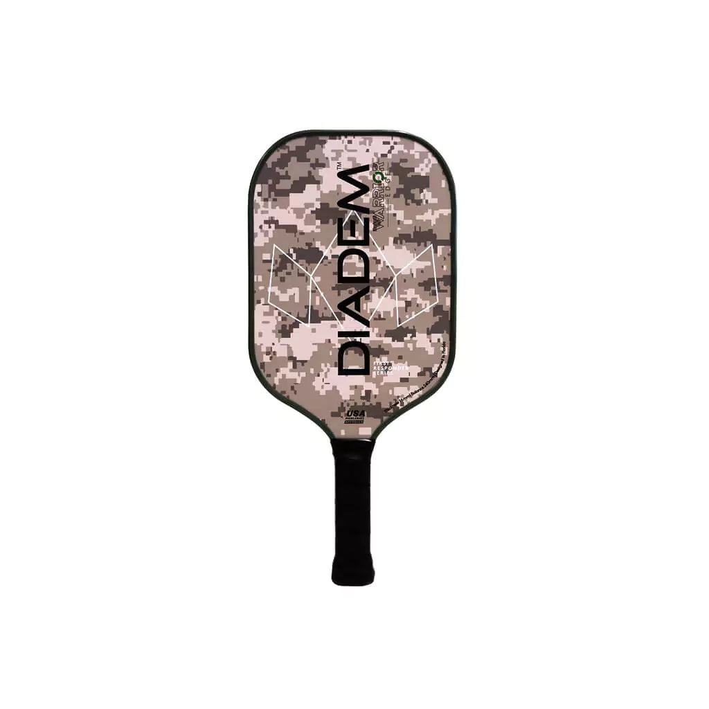 iamPickleball online store "iamPickleball.store". Vertically standing profile of Diadem FIRST RESPONDERS Military Pickleball Paddle, Carbon surface,Grit coating,  green edge guard 16mm thick,Poly 8mm PP Honeycomb density core , 8.25 oz weight.