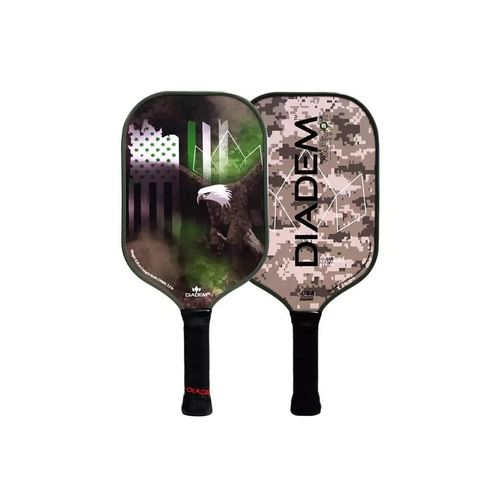 SPORT: PICKLEBALL. Shop pickleball paddles at "iamPickleball.store". Pair of Vertically standing Diadem FIRST RESPONDERS Military Pickleball Paddle, Carbon surface,Grit coating,  blue edge guard 16mm thick,Poly 8mm PP Honeycomb density core , 8.25 oz weight.