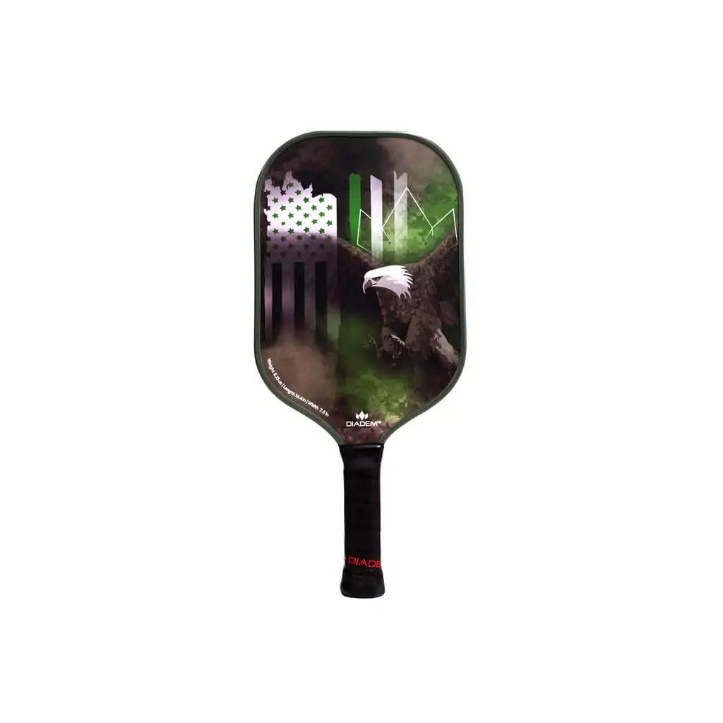 iamPickleball online store "iamPickleball.store". Vertically standing profile of Diadem FIRST RESPONDERS Military Pickleball Paddle, Carbon surface,Grit coating,  green edge guard 16mm thick,Poly 8mm PP Honeycomb density core , 8.25 oz weight. 