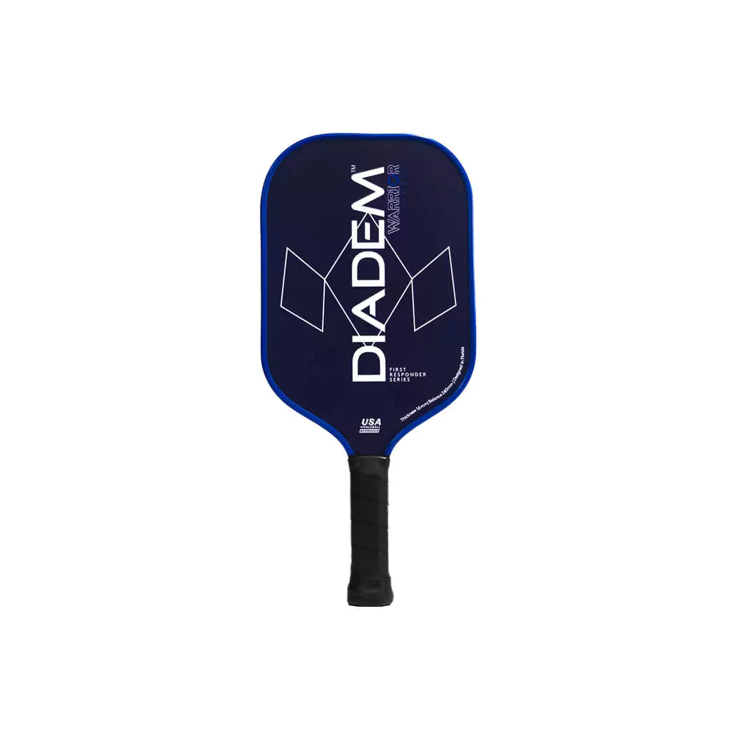 Shop Diadem at "iamPickleball.store" a division of "iamracketsports.com". Vertically standing profile of Diadem FIRST RESPONDERS Series Pickleball Paddle, Carbon surface,Grit coating,  blue edge guard 16mm thick,Poly 8mm PP Honeycomb density core , 8.25 oz weight. 