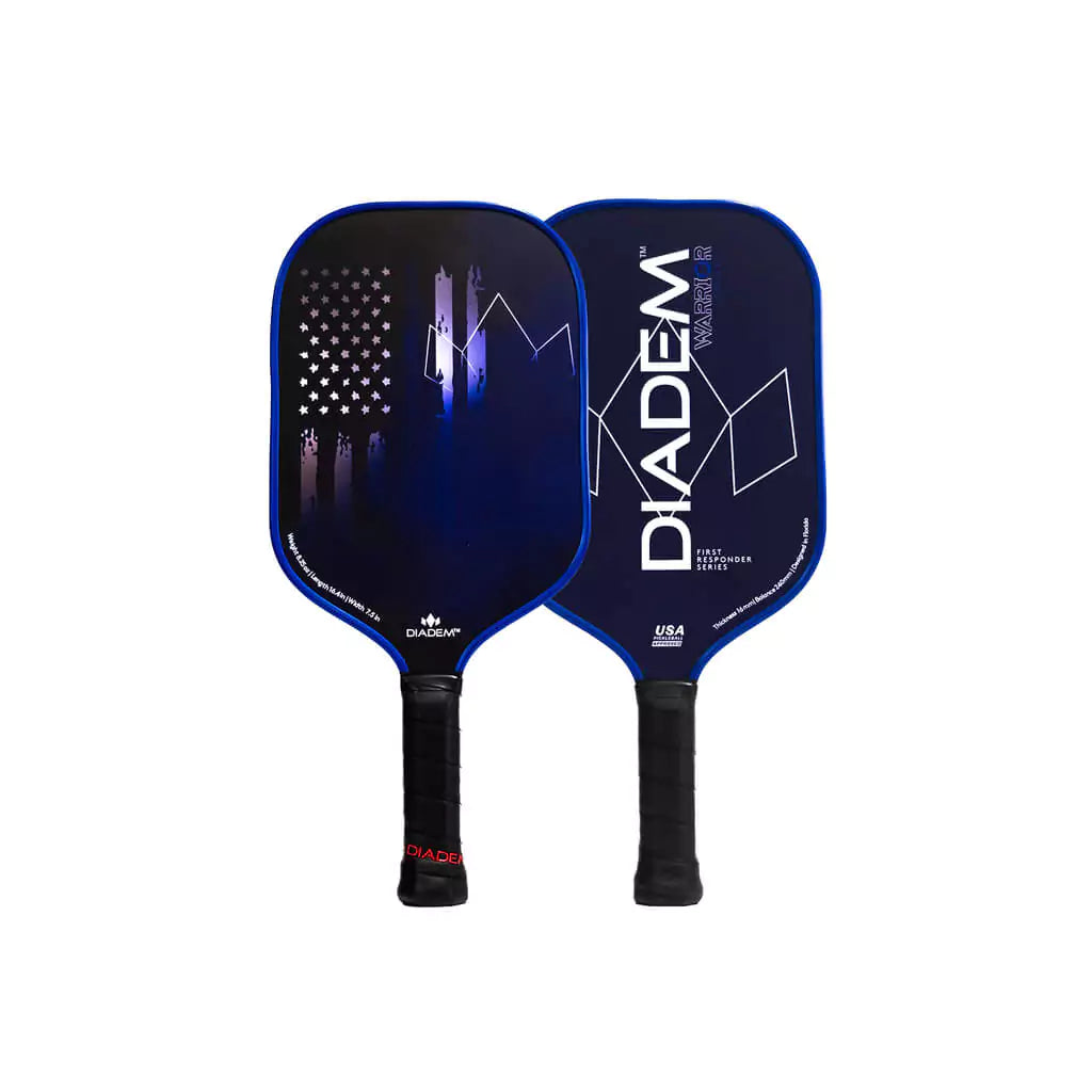 SPORT: PICKLEBALL. Shop pickleball paddles at iamRacketSports.com. Pair of vertically standing Diadem FIRST RESPONDERS Police Pickleball Paddle, Carbon surface,Grit coating,  blue edge guard 16mm thick,Poly 8mm PP Honeycomb density core , 8.25 oz weight.