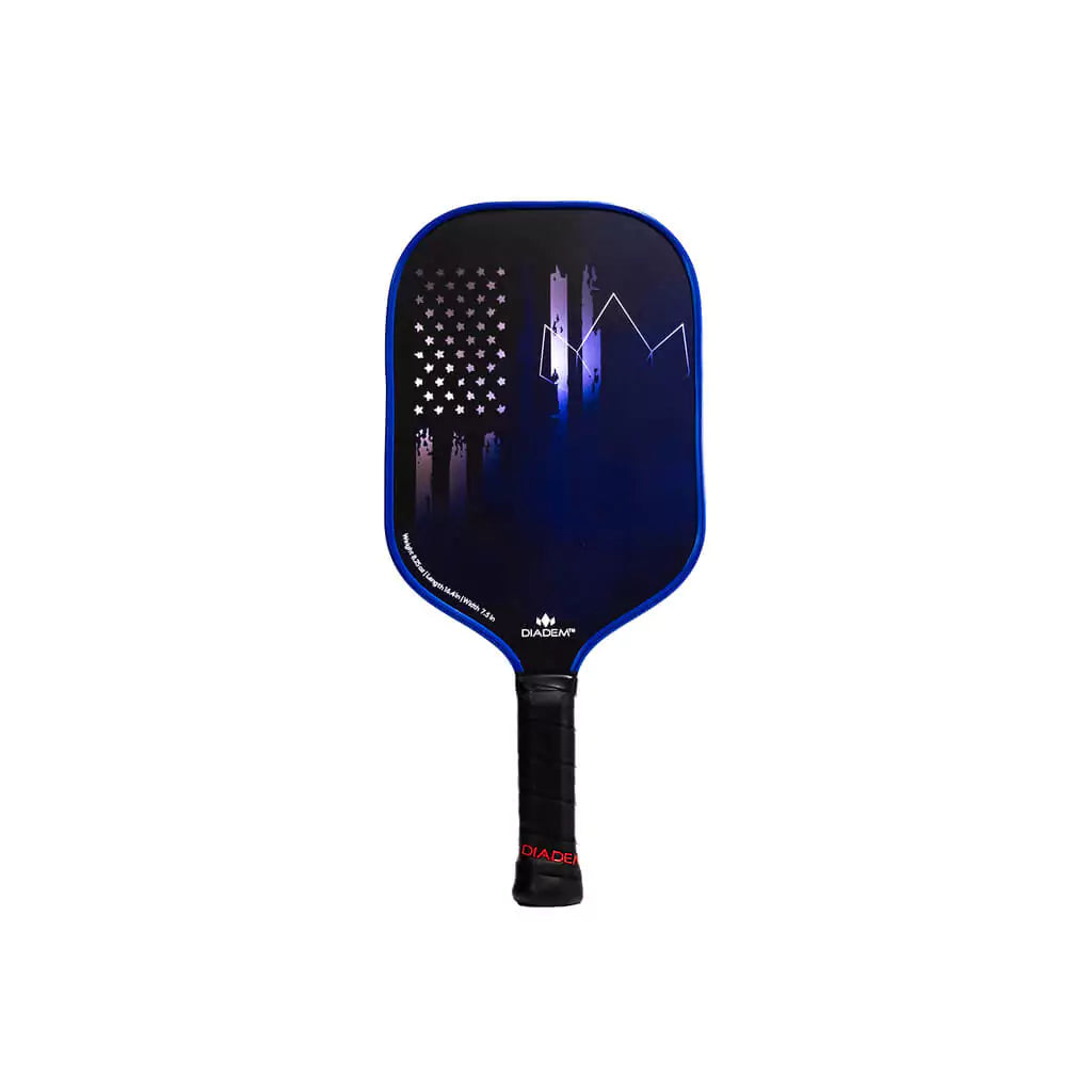 iamPickleball online store "iamPickleball.store". Vertically standing profile of Diadem FIRST RESPONDERS Series Pickleball Paddle, Carbon surface,Grit coating,  blue edge guard 16mm thick,Poly 8mm PP Honeycomb density core , 8.25 oz weight. 