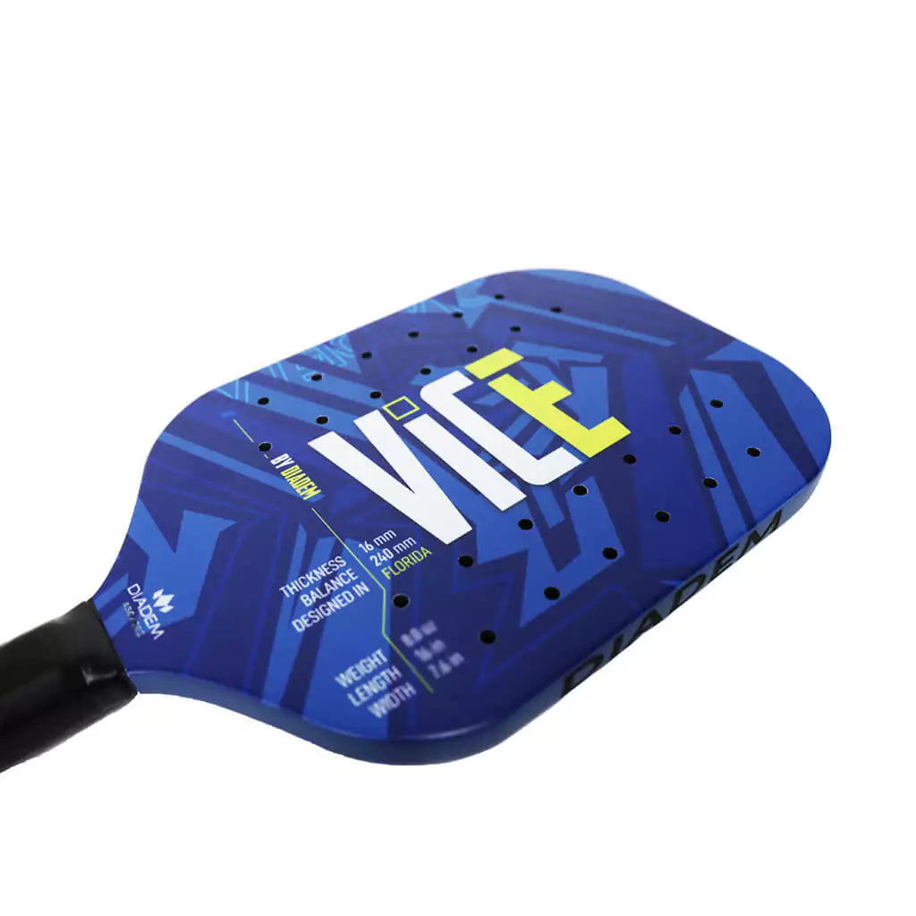 SPORT:PICKLEBALL. Shop Diadem at "iamPickleball.store" a division of "iamracketsports.com".  Horizontal profile of Diadem Sports VICE 2023 Professional Pickleball Paddle, Carbon surface and RP2 Grit coating,  edgeless 16mm thick EVA Foam core, 8oz weight.  