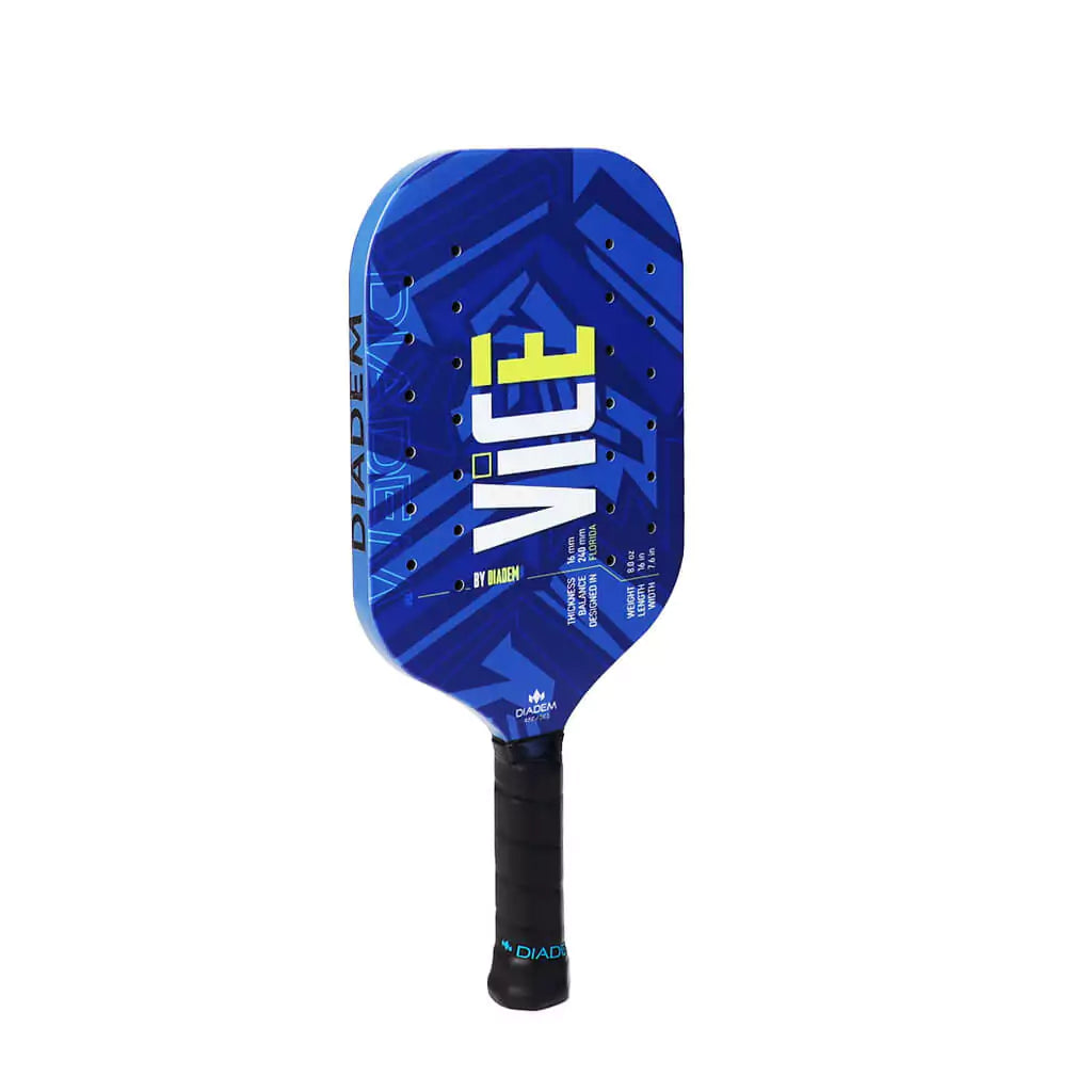 iamPickleball online store "iamPickleball.store". Vertically standing profile of Diadem Sports VICE 2023 Professional Pickleball Paddle, Carbon surface and RP2 Grit coating,  edgeless 16mm thick EVA Foam core, 8oz weight. 