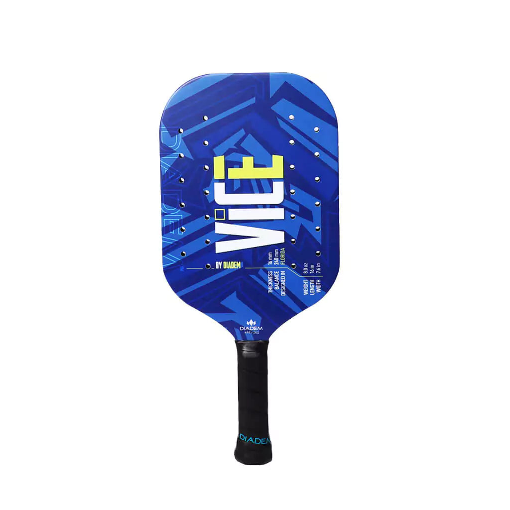 Shop pickleball paddles at iamRacketSports.com. Vertically standing face on  Diadem Sports VICE 2023 Professional Pickleball Paddle, Carbon surface and RP2 Grit coating,  edgeless 16mm thick EVA Foam core, 8oz weight.