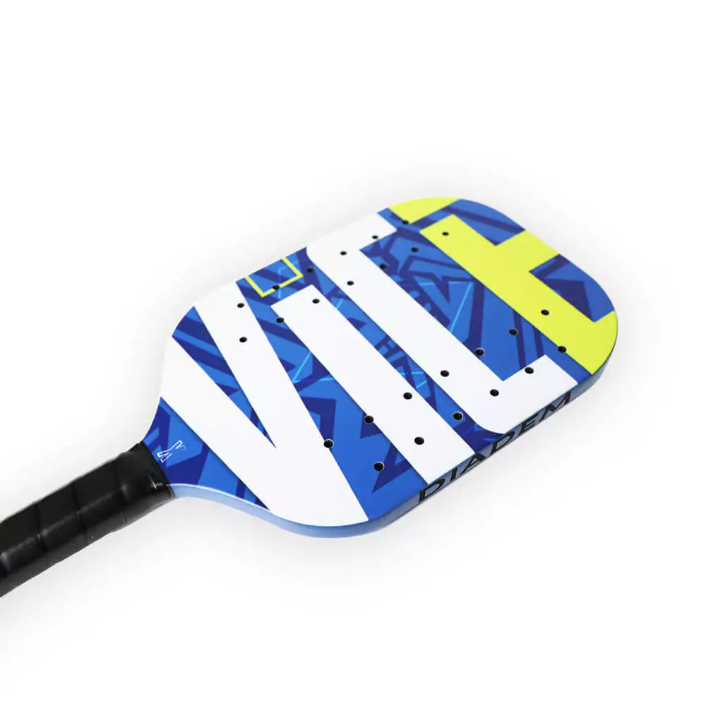 SPORT:PICKLEBALL. Shop Diadem at "iamPickleball.store" a division of "iamracketsports.com".  Horizontal profile of Diadem Sports VICE 2023 Professional Pickleball Paddle, Carbon surface and RP2 Grit coating,  edgeless 16mm thick EVA Foam core, 8oz weight.  