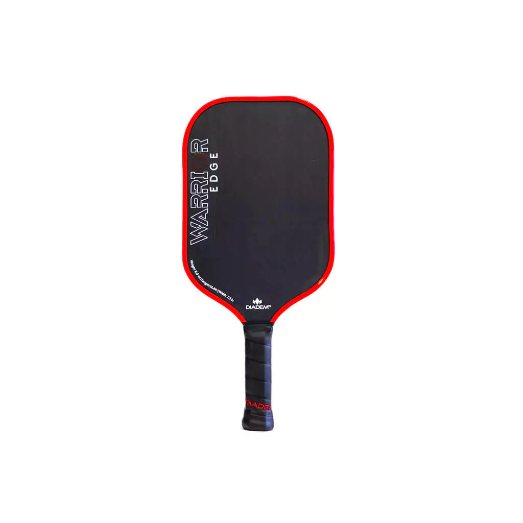 SPORT: PICKLEBALL. Shop Diadem Sports Pickleball at "iam-Pickleball.com" a division of "iamracketsports.com". Racket model is a 2023 Diadem Warrior Edge advanced/professional Pickleball Paddle in Red.  Paddle is in vertical position.