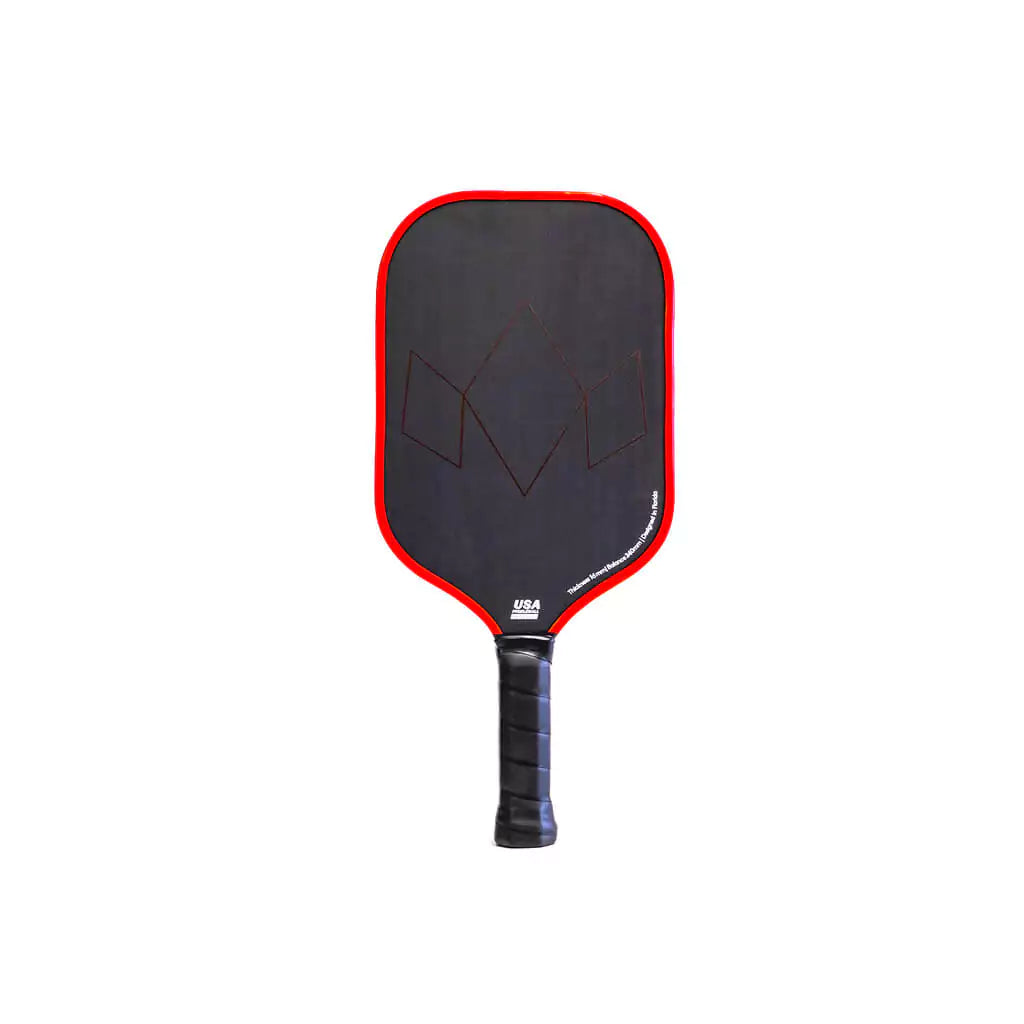 SPORT: PICKLEBALL. Shop Diadem Sports Pickleball at "iam-Pickleball.com" a division of "iamracketsports.com". Racket model is a 2023 Diadem Warrior Edge advanced/professional Pickleball Paddle in Red.  Paddle is in vertical position. Back of paddle.