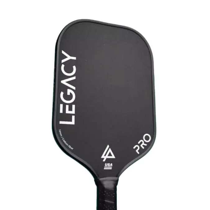 SPORT: PICKLEBALL. Shop Legacy Pickleball at USA premier Racket and Paddle Sports store, "iamracketsports". Racket model is a 2023 Legacy Pro Pickleball Paddle/racket for professionals and advanced players. Racquet/Paleta is in side vertical orientation. Front of Paddle.