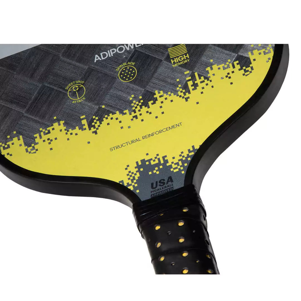 SPORT: PICKLEBALL. Shop Adidas Pickleball at iambeachtennis maimi Racket and Paddle Sports store. Racket model is a 2023 Adidas ADIPOWER ATTK 3.2 Pickleball Paddle/racket for professionals and advanced players. Neck view of Racquet/Paleta.