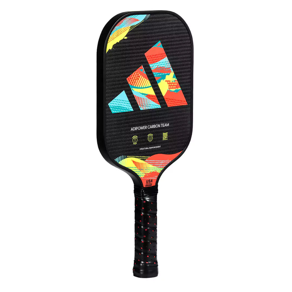 SPORT: PICKLEBALL. Shop Pickleball Paddles and Rackets at "iam-Pickleball.com" a division of "iamracketsports.com". Racket model is a 2023 Adidas ADIPOWER CARBON TEAM ATTK Pickleball Paddle/racket for professionals and advanced players. Racquet/Paleta is in side vertical orientation.