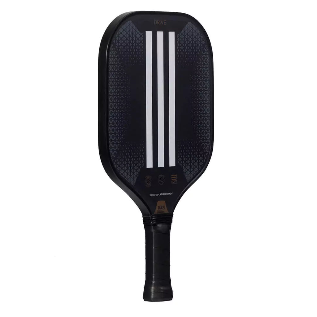 SPORT: PICKLEBALL. Shop Pickleball Paddles and Rackets at "iam-Pickleball.com" a division of "iamracketsports.com". Racket model is a 2023 Adidas DRIVE 2  Pickleball Paddle/racket for beginner and intermediate players. Racquet/Paleta is in side vertical orientation.