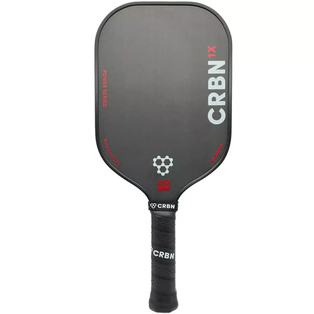 SPORT: PICKLEBALL. Shop Pickleball Paddles and Rackets at "iam-Pickleball.com" a division of "iamracketsports.com". Racket model is a 2023 CRBN Pickleball CRBN 1X POWER SERIES ELONGATED Pickleball Paddle/racket for beginner to advanced/professional players. Racquet/Paleta is in vertical orientation. Front of Paddle.