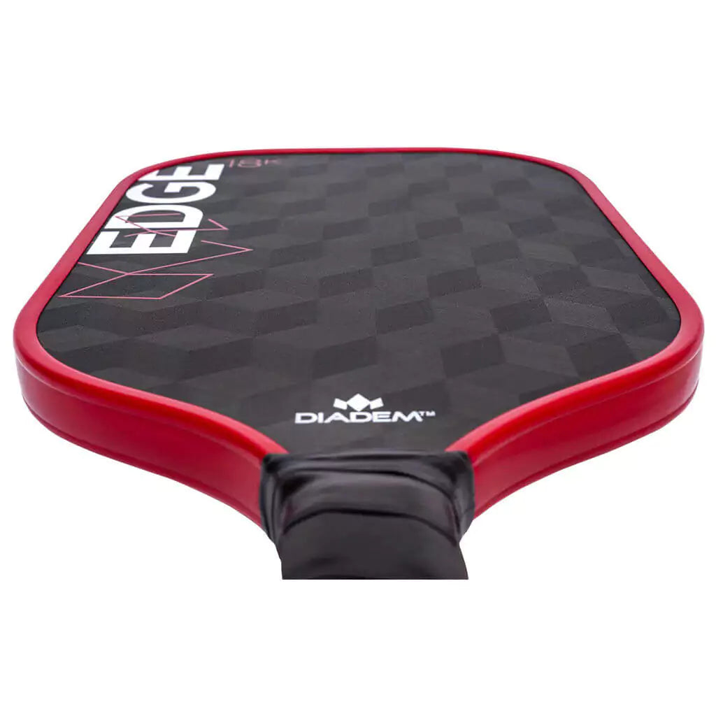 SPORT: PICKLEBALL. Shop Diadem Sports Pickleball at "iamPickleball.Store" a division of "iamracketsports.com". Racket model is a 2023 Diadem Edge 18K advanced/professional Pickleball Paddle. Paddle is in vertical position. Flat face of racketta
