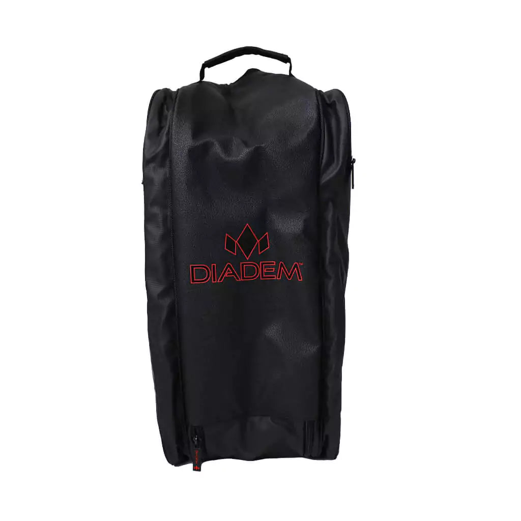 SPORT:PICKLEBALL. Shop Diadem at "iamPickleball.store" a division of "iamracketsports.com". Front of the Diadem our Black V2 Paddle bag in black with red trim. 3 paddle compartments, shoe compartment, side pockets, made from high quality nylon with adjustable handles.
