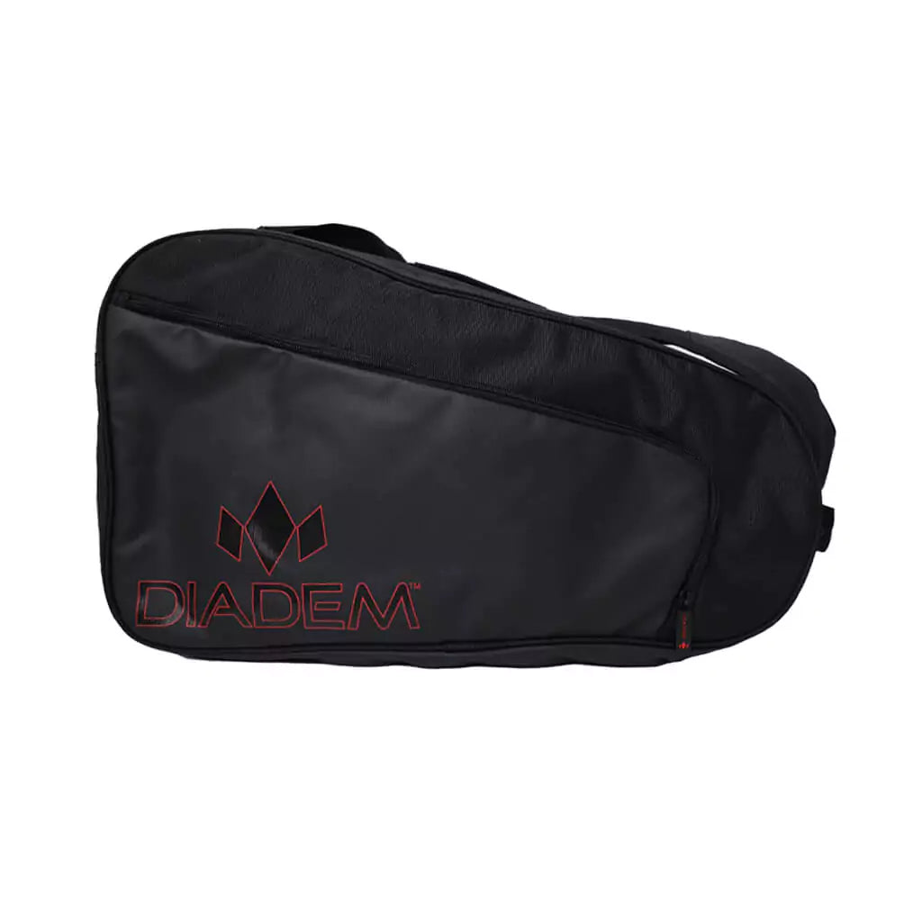 SPORT:PICKLEBALL. Shop Diadem at "iamracketsports.com", world wide shipping. Side view of Diadem Tour Black V2 Paddle backpack, bag in black with red trim.