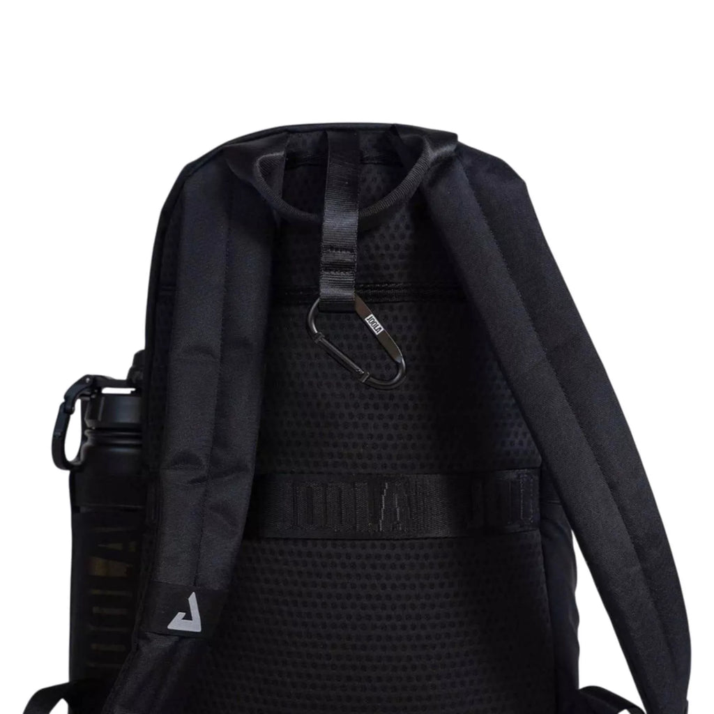 The back of a black Joola Everyday Backpack, available from Iam-pickleball.com, online and in-store, Miami USA, worldwide shipping.