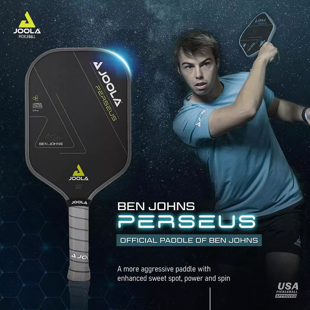 SPORT: PICKLEBALL. Shop Joola Sports Pickleball at iambeachtennis maimi Racket and Paddle Sports store. Racket model is a 2023 Joola Ben Johns PERSEUS CFS 14mm  Pickleball Paddle/racket for beginner to advanced/professional. Infographic view of Racquet/Paleta with paddle specifications.