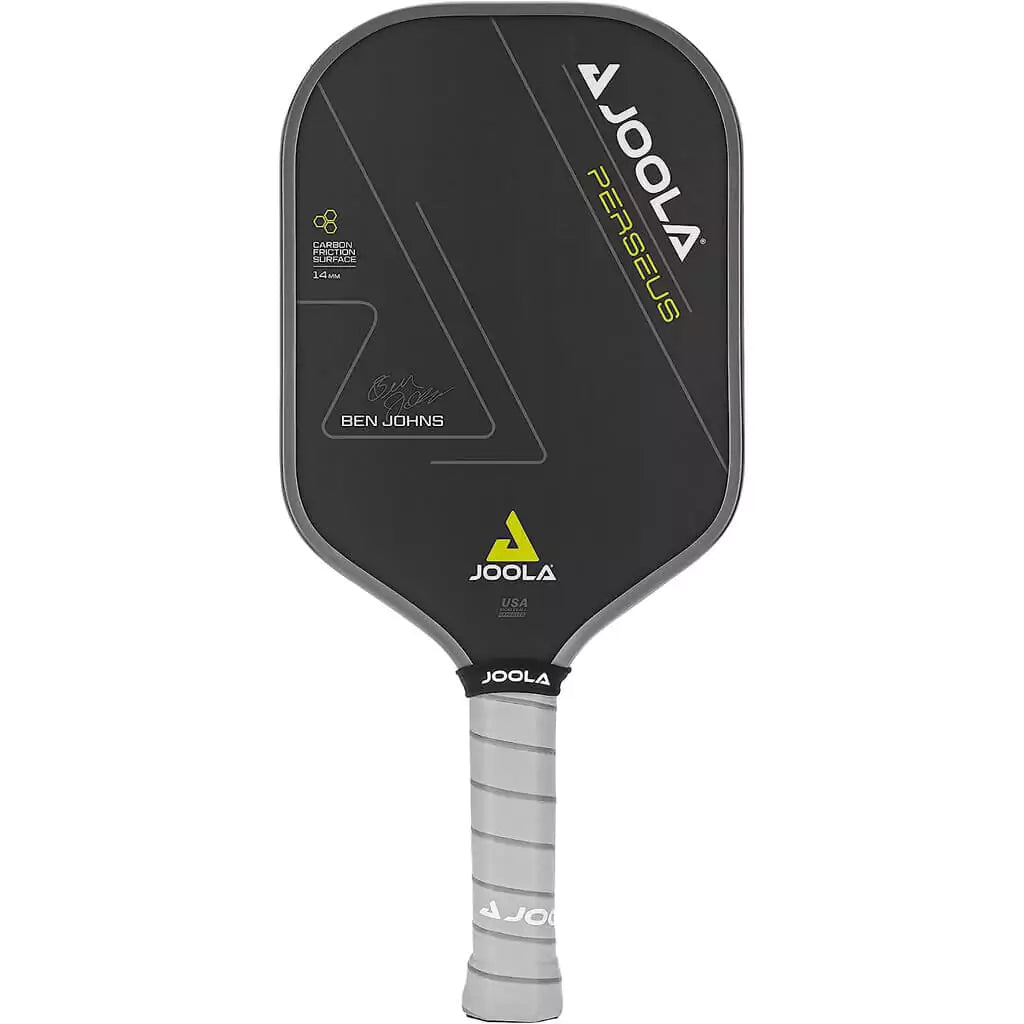 SPORT: PICKLEBALL. Shop Pickleball Paddles and Rackets at "iam-Pickleball.com" a division of "iamracketsports.com". Racket model is a 2023 Joola Ben Johns PERSEUS CFS 14mm Pickleball Paddle/racket for beginner to advanced/professional players. Racquet/Paleta is in side vertical orientation. Front of Paddle.