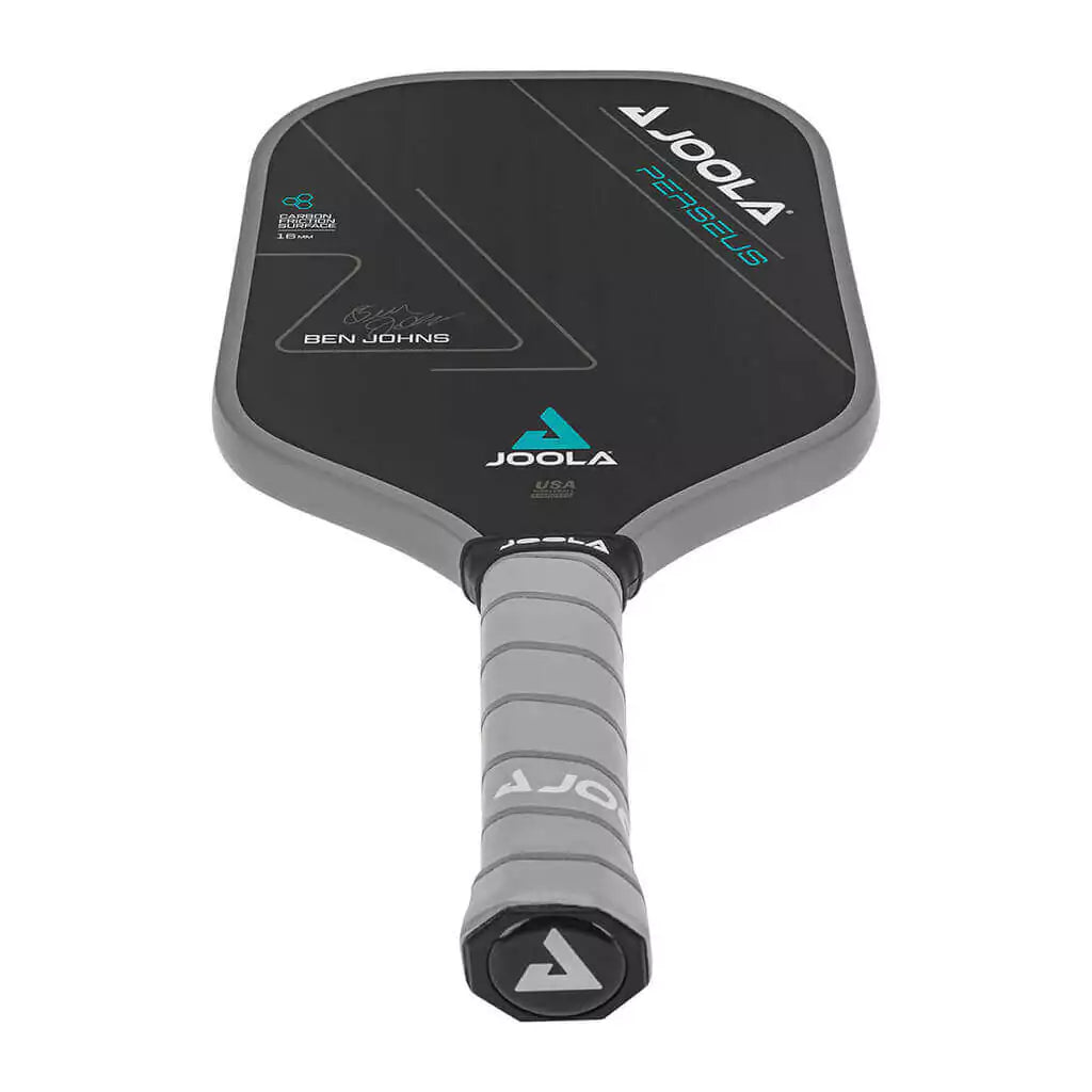 SPORT: PICKLEBALL. Shop Pickleball Paddles and Rackets at "iam-Pickleball.com" a division of "iamracketsports.com". Racket model is a 2023 Joola Ben Johns PERSEUS CFS 16mm Pickleball Paddle/racket for beginner to advanced/professional players. Racquet/Paleta is in side vertical orientation. Handle and face  of Paddle.