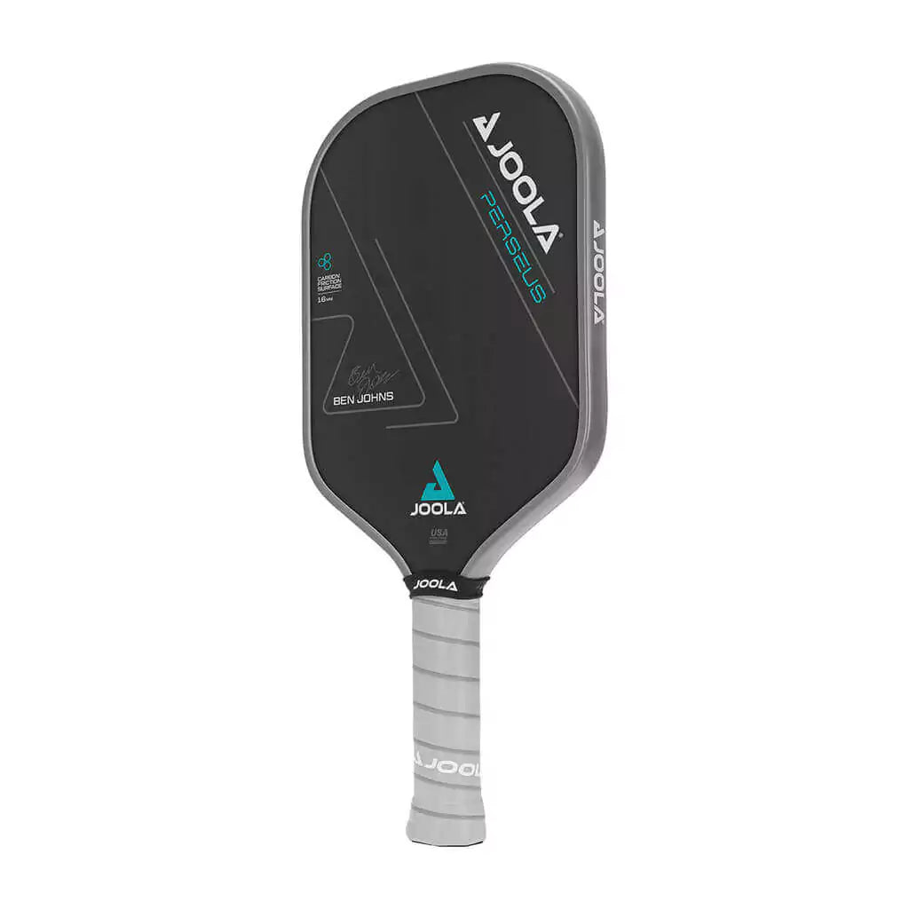 SPORT: PICKLEBALL. Shop Pickleball Paddles and Rackets at "iam-Pickleball.com" a division of "iamracketsports.com". Racket model is a 2023 Joola Ben Johns PERSEUS CFS 16mm Pickleball Paddle/racket for beginner to advanced/professional players. Racquet/Paleta is in side vertical orientation. side Front of Paddle.