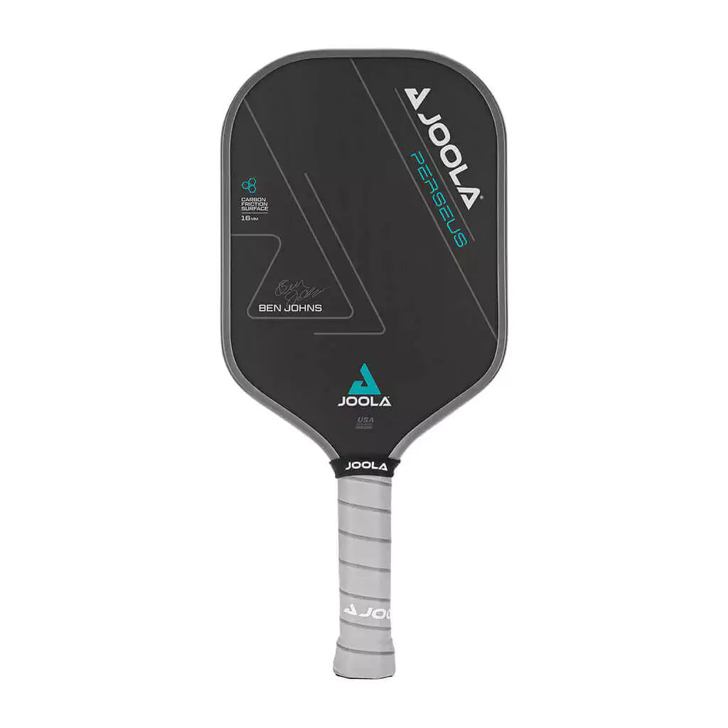 SPORT: PICKLEBALL. Shop Pickleball Paddles and Rackets at "iam-Pickleball.com" a division of "iamracketsports.com". Racket model is a 2023 Joola Ben Johns PERSEUS CFS 16mm Pickleball Paddle/racket for beginner to advanced/professional players. Racquet/Paleta is in side vertical orientation. Front of Paddle.