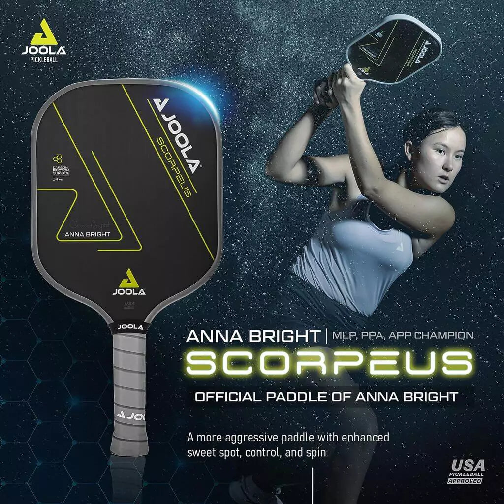 SPORT: PICKLEBALL. Shop Joola Sports Pickleball at iambeachtennis maimi Racket and Paddle Sports store. Racket model is a 2023 Joola Anna Bright SCORPEUS CFS 14mm Pickleball Paddle/racket for beginner to advanced/professional. Infographic view of Racquet/Paleta with paddle specifications.