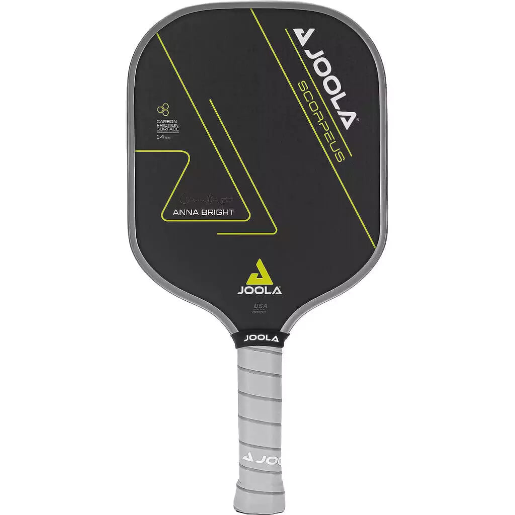 SPORT: PICKLEBALL. Shop Pickleball Paddles and Rackets at "iam-Pickleball.com" a division of "iamracketsports.com". Racket model is a 2023 Joola Anna Bright SCORPEUS CFS 14mm Pickleball Paddle/racket for beginner to advanced/professional players. Racquet/Paleta is in side vertical orientation. Front of Paddle.