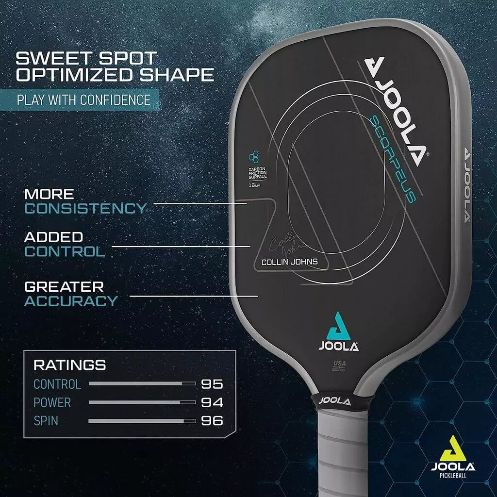  SPORT: PICKLEBALL. Shop Joola Sports Pickleball at iambeachtennis maimi Racket and Paddle Sports store. Racket model is a 2023 Joola Collin Johns SCORPEUS CFS 16mm Pickleball Paddle/racket for beginner to advanced/professional. Infographic view of Racquet/Paleta with paddle specifications.