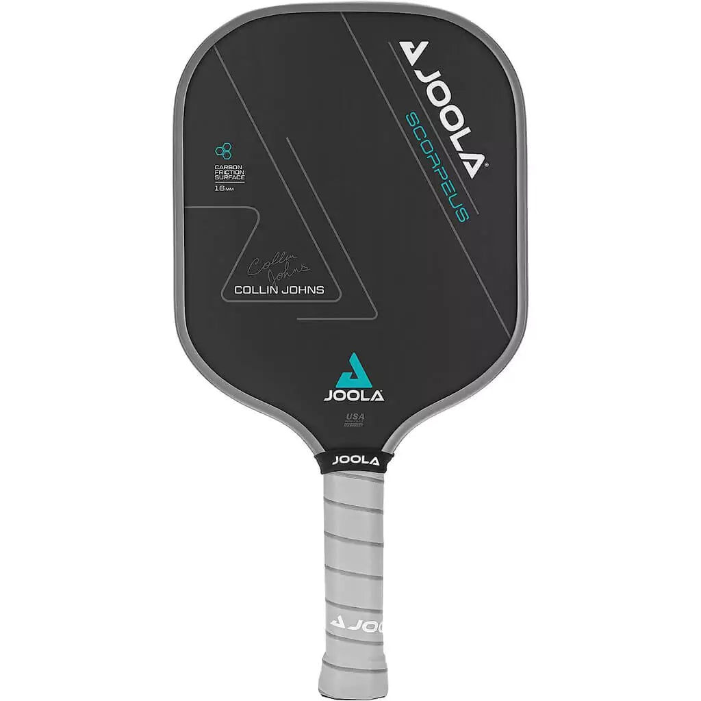 SPORT: PICKLEBALL. Shop Pickleball Paddles and Rackets at "iam-Pickleball.com" a division of "iamracketsports.com". Racket model is a 2023 Joola Collin Johns SCORPEUS CFS 16mm Pickleball Paddle/racket for beginner to advanced/professional players. Racquet/Paleta is in side vertical orientation. Front of Paddle.